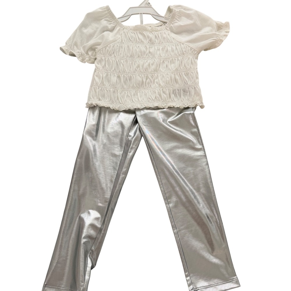 Baby Gap Girls White Smocked Top and Silver Metallic Leggings Set Size 5